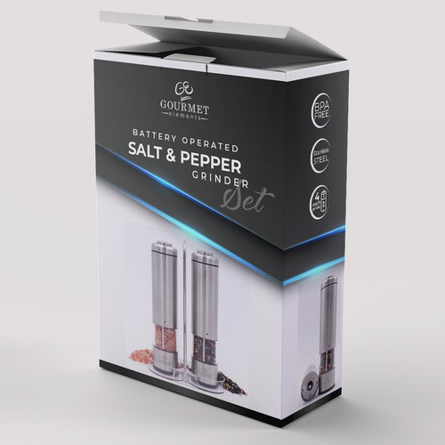 Sleek, modern, stylish package for electric salt & pepper grinder set