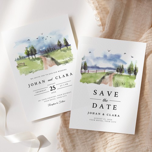 Wedding Invitation Card of Garden Fence and Road Watercolor