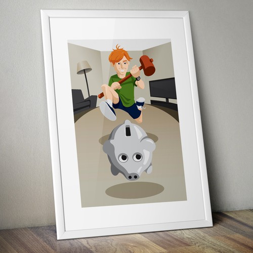 Boy chasing piggy bank