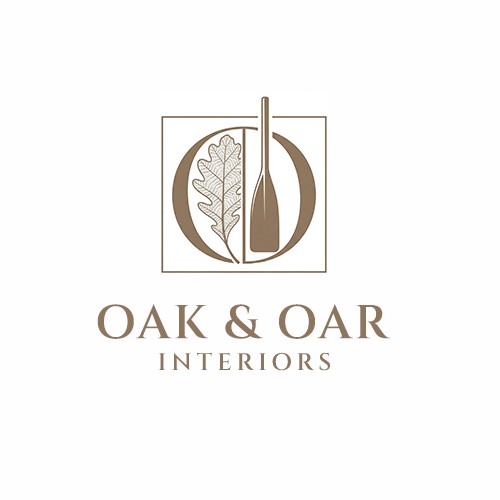 Minimalist logo for "OAK & OAR INTERIORS", a luxury furniture brand.
