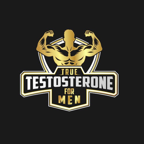 Bold Muscular Man with 3D Shield Emblem Logo for True Testosterone 4 men