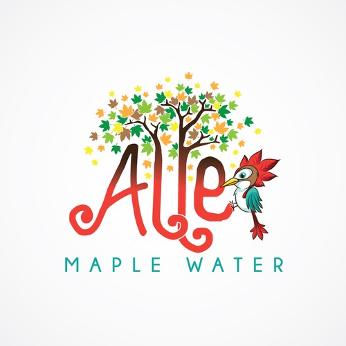 Create a young, fun, playful maple water logo (cartoon trees, bird, and text)