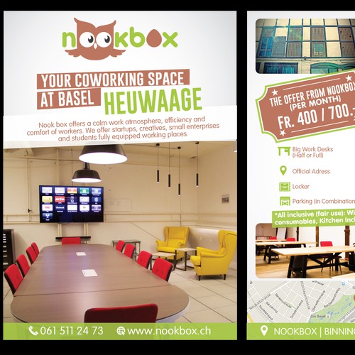 Create an attractive flyer advertising Nookbox/co-working space