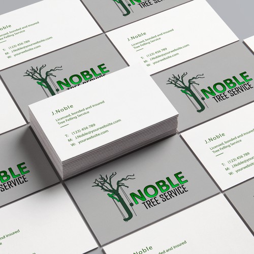 Business card mock-up of logo concept for J.Noble tree services