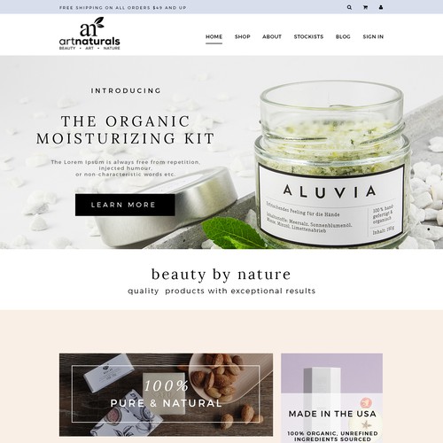 Create a clean and bright web design for an organic beauty company Art Naturals