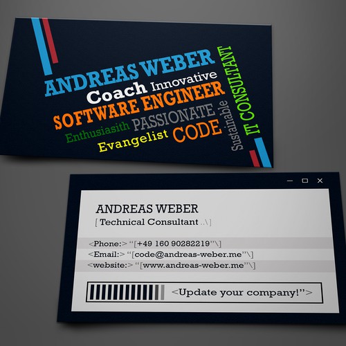 Cool business card for a young freelancer working as technical consultant