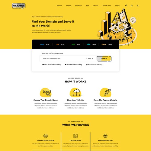 Home page design for a domain registration company