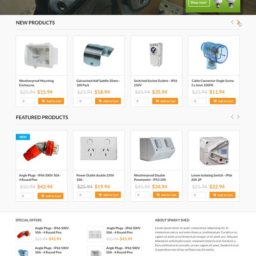 Bright, modern home page design for online electrical wholesaler