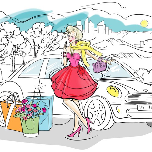 fashion girl piik dress with car