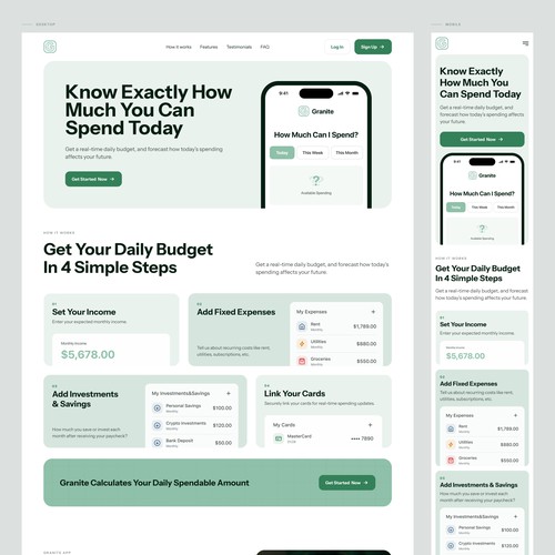 Homepage for a mobile budgeting app