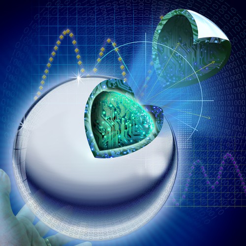 Challenge: "Predictive Analytics" in a single image - a mystical crystal ball surprises by revealing high-tech innards