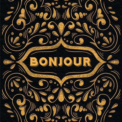 "Bonjour" gold on black ("hello" in french)