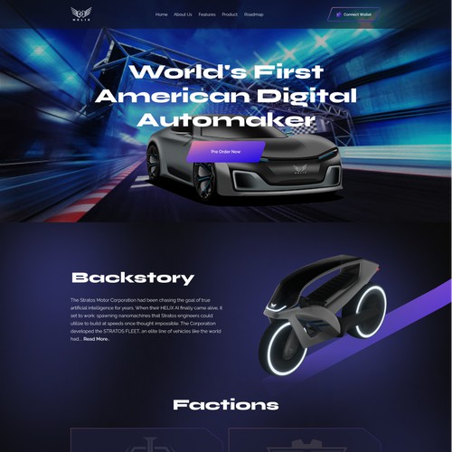 Landing page for NFT racing car company. 