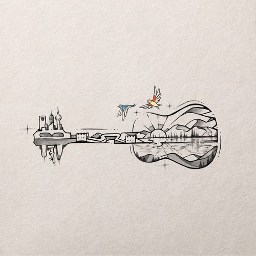 Guitar and Birds Tattoo design
