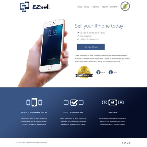 Landing page for a website that sells used iPhones