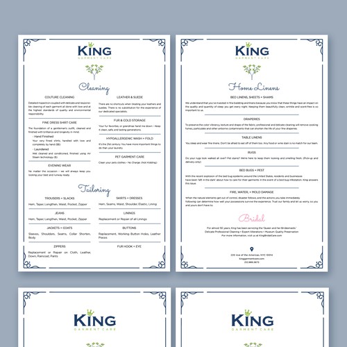King Garment Care List of Services & About Us card for elegant welcome package.
