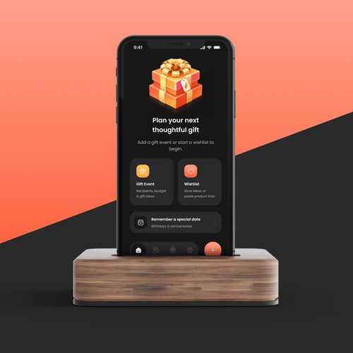 Modern UI design for a gift-planning/wishlist mobile app