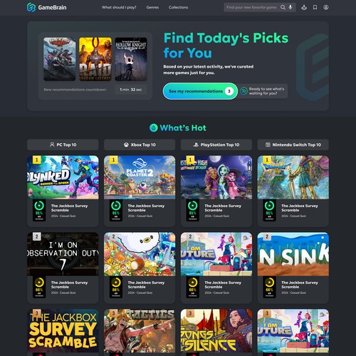 Frontpage design for Game Brain