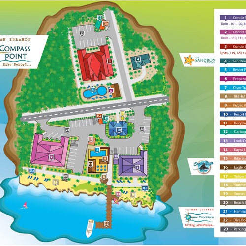 Illustrate a Scuba Diving Resort Site Plan in a Tropical Paradise
