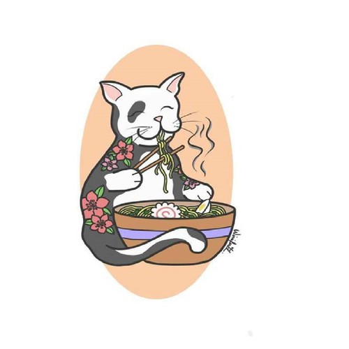 Gatito comiendo ramen.