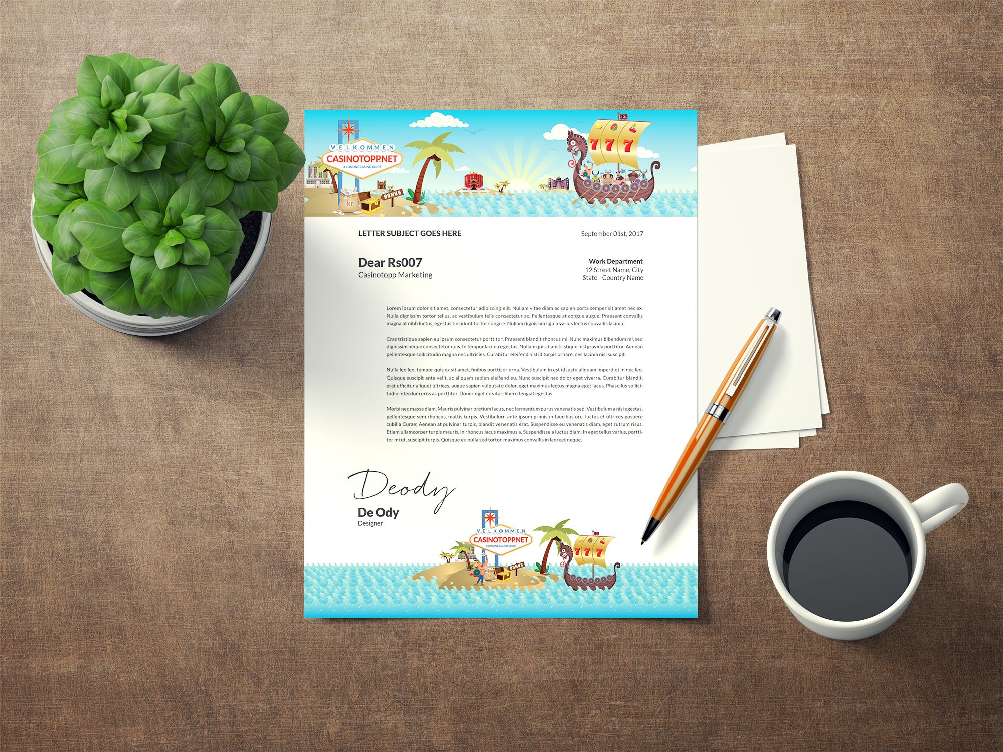 Design a minimalistic letterhead for https://www.casinotopp.net/