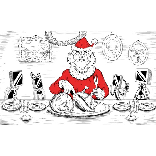 Grinch with Whos who have monitors instead of heads.