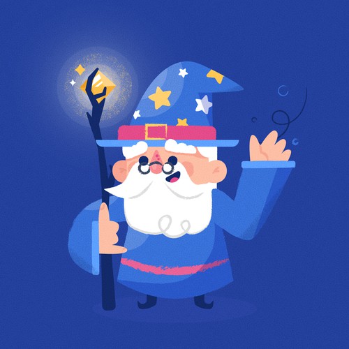 Friendly and wise wizard character.