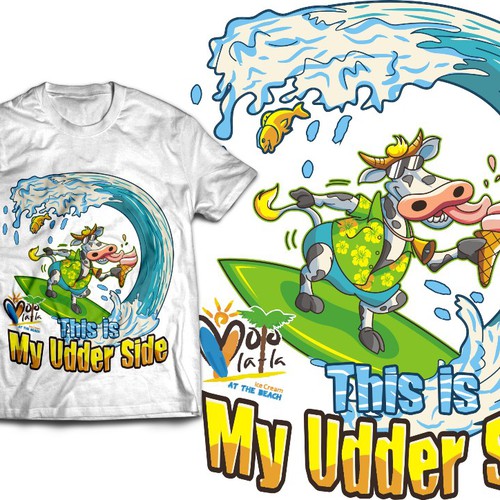 Create a Cool Surfing Cow t-shirt/tank top for Moo La La at the Beach