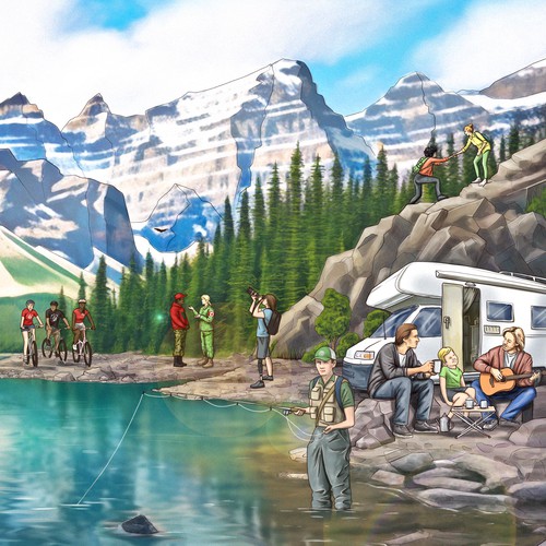 Panoramic illustration - People living out their retirement within a Canadian landscape