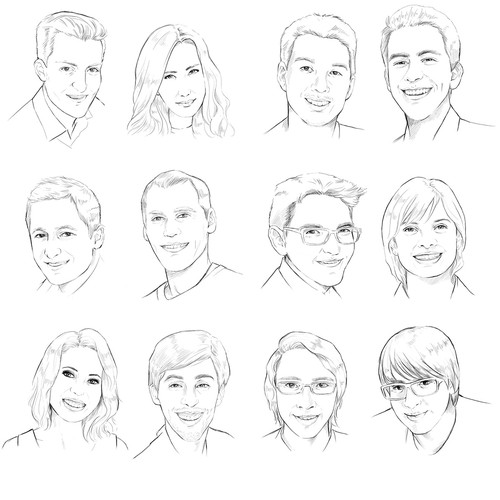 12 digital portrait style line-drawings of Bit Zesty staff members