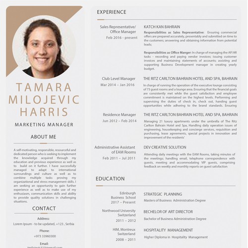 Resume' Design for Ms. Tamara Milojevic Harris