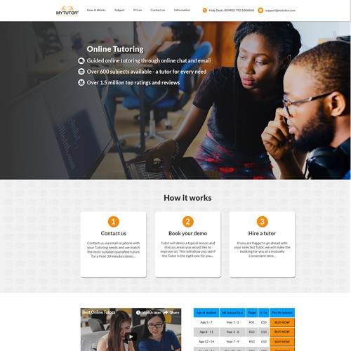 Landing page for a Online Tutoring company.