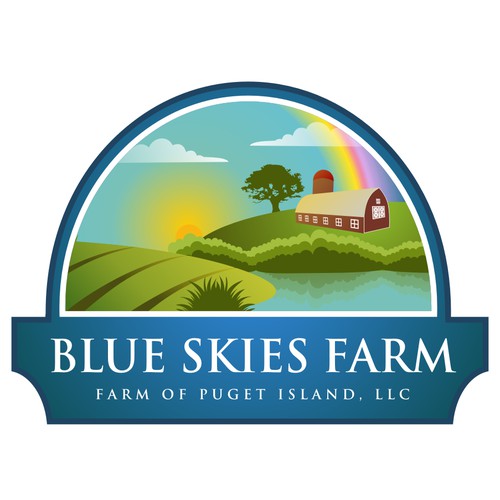Create a logo to represent a small farm and island community for Blue Skies Farm of Puget Island