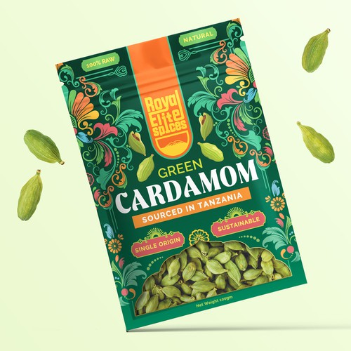 Pouch design for organic cardamon
