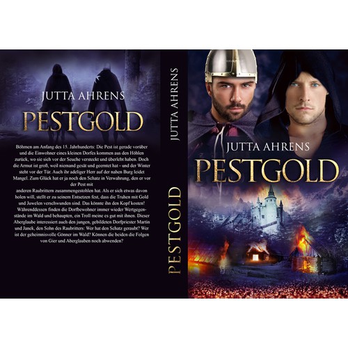 Book cover for a historical novel playing in the Middle Ages with the title "Pestgold"