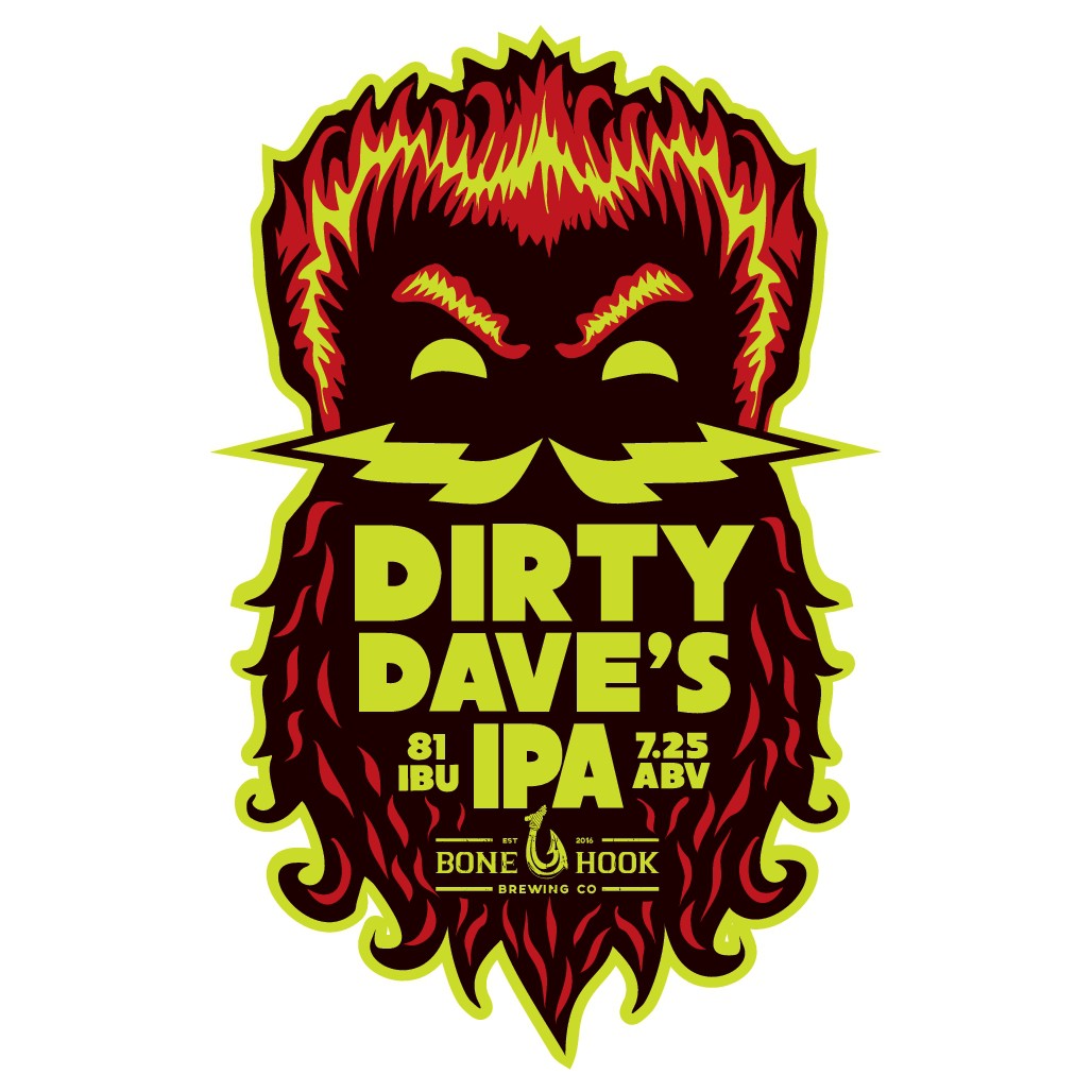 酷而前卫的Dirty Dave's IPA精酿啤酒标志(由Bone Hook Brewing Co生产)