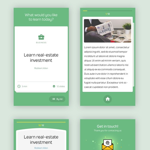 Design the pages for a mobile micro lesson education app