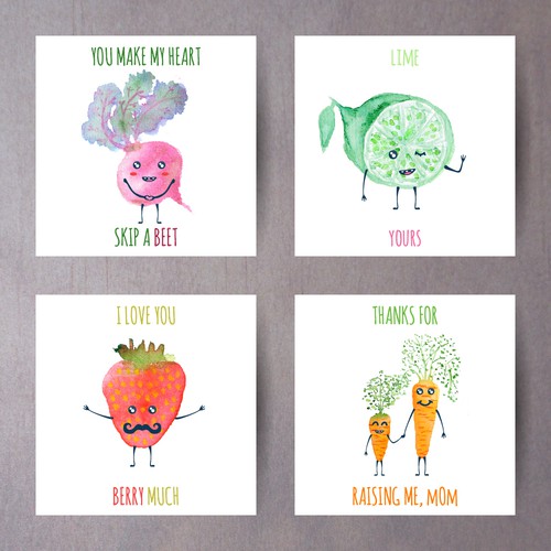 Set of fun greeting cards with food puns for supermarkets