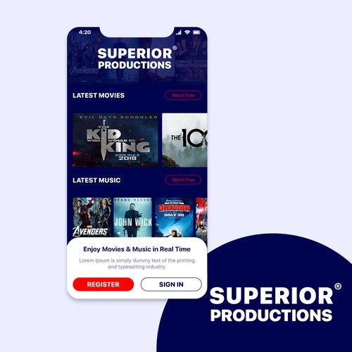 Superior Productions mobile app design