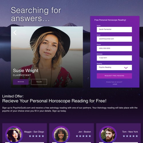 Psychic lead generation landing page