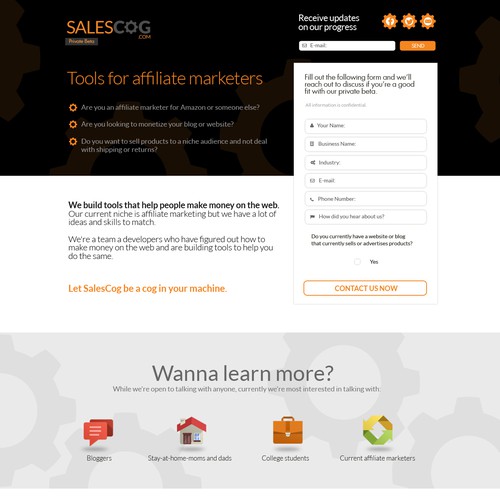 SalesCog affiliate marketers sign-up landing page