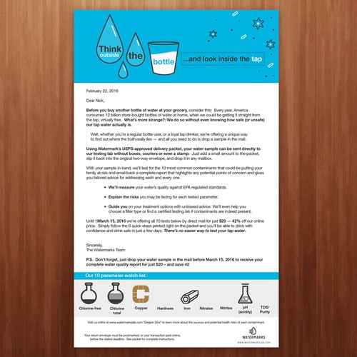 Improve graphics for direct mail letter for tap water testing.