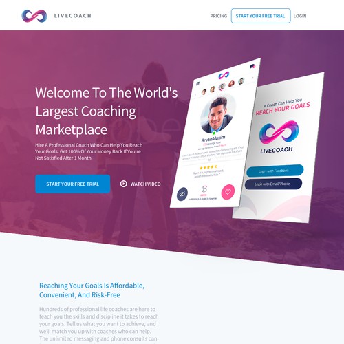 Landing page design for an online coaching marketplace