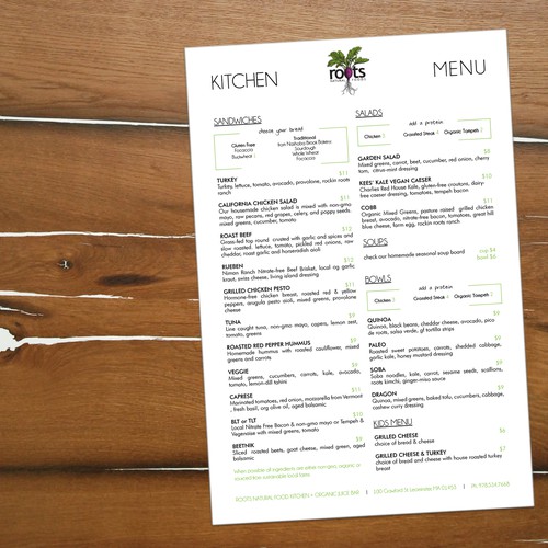 Simple Natural Menu for a Juice Bar and Restaurant