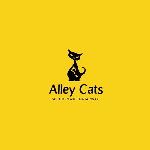 Minimal whimsical vintage logo for Axe Throwing Company. Challenging cat and axe concept.