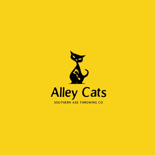 Minimal whimsical vintage logo for Axe Throwing Company. Challenging cat and axe concept.