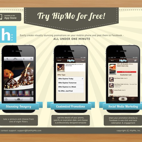 Postcard flyer for HipMo, a mobile social startup for small businesses