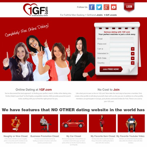 Design a landing Page for a One of a Kind Dating Website with features never used..1GF.COM