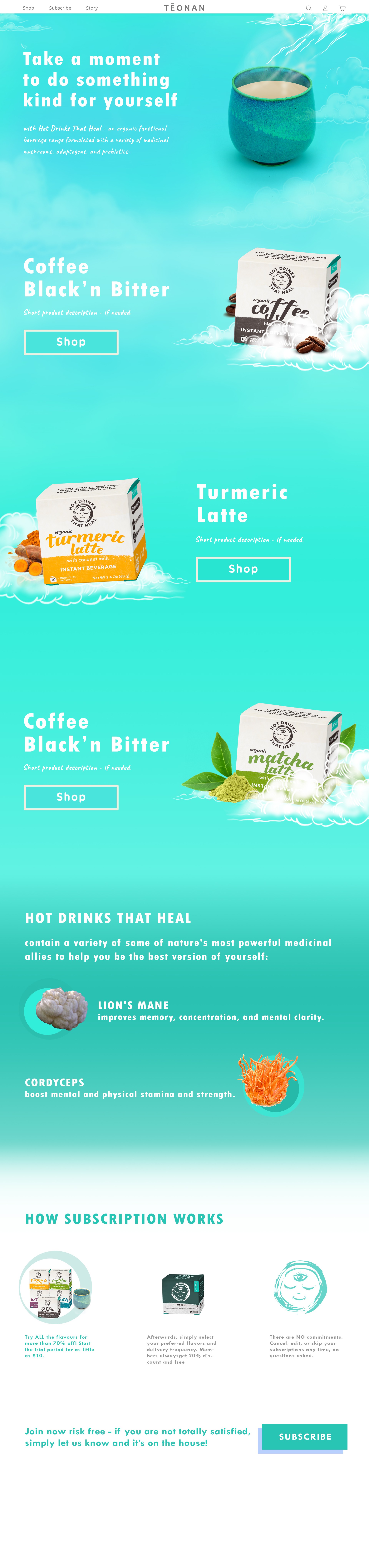 Dreamy, clean, whimsical main page for wellness beverage brand