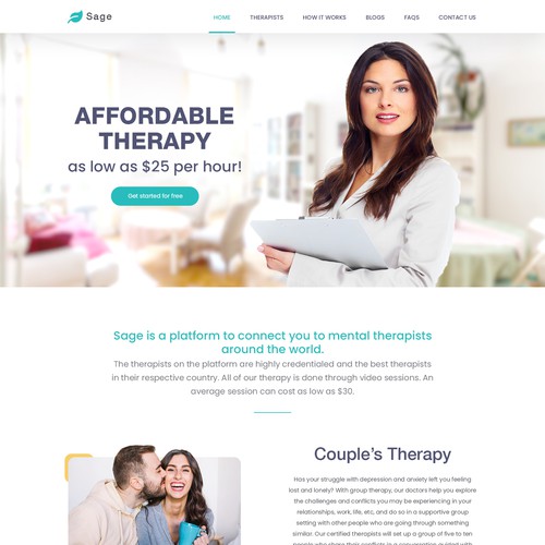 Landing page for Sage therapy.